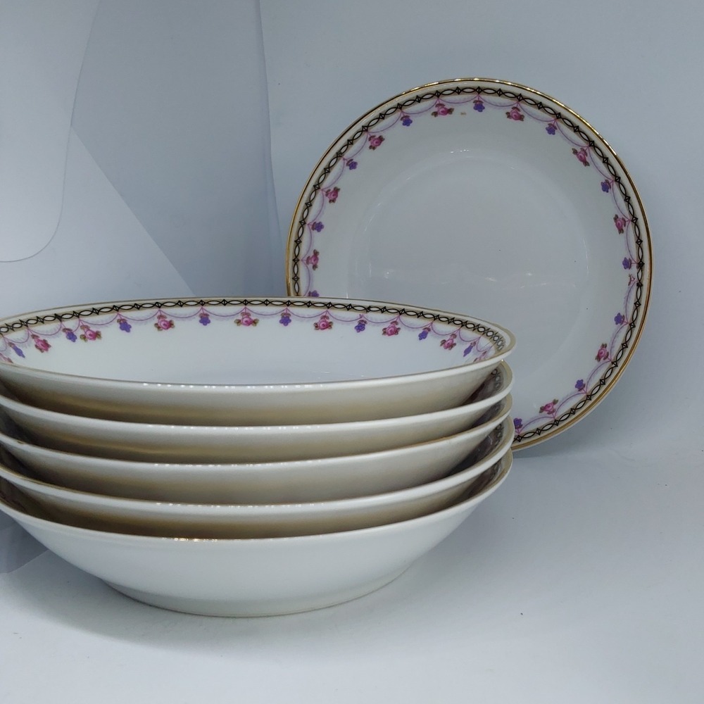 Vintage Heinrich &Co (6) Selb Dessert/Berry Bowls 5.25" Pink Roses, Gray Laurel